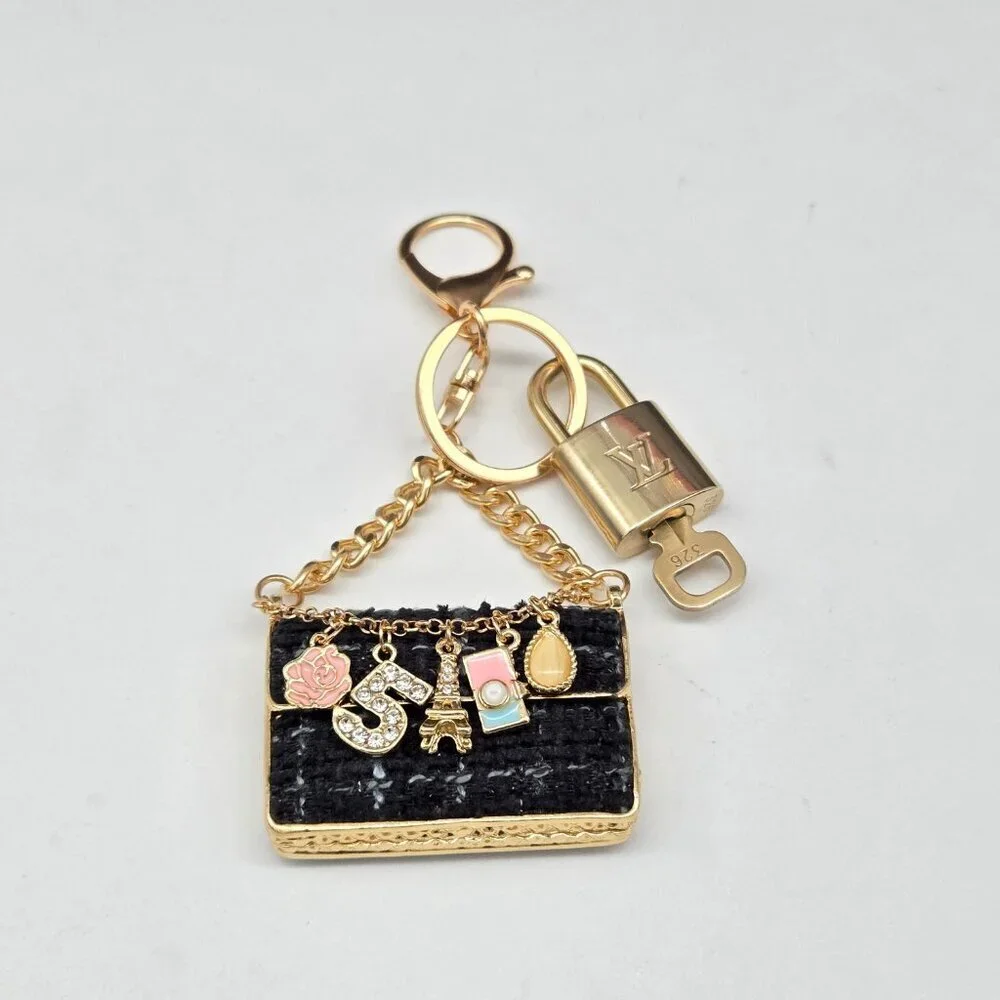 Authentic Louis Vuitton Padlock & Key Gold ✨Unbranded Tweed Bag Charm Keychain